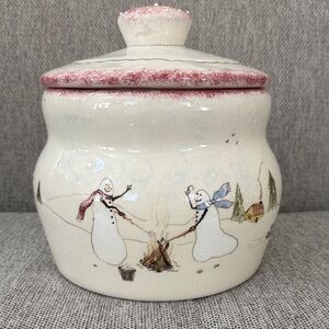 Vintage 1990s Palmer Lake Hand-Painted Snowman Ceramic Cookie Jar with Pink Trim
